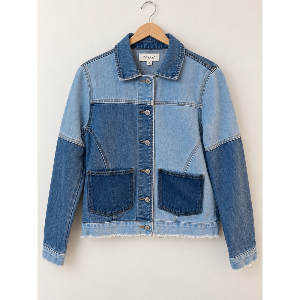 PacSun Womens XS Two-Tone Patchwork Denim Jacket Frayed Hem Blue Cotton Trucker